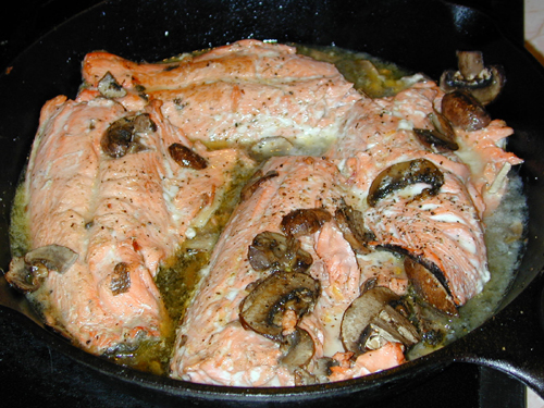 Seared then baked salmon with mushrooms and white wine