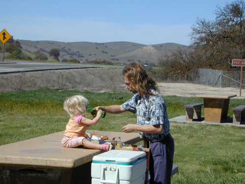 Miriam and Michael picnicking at Camp Roberts rest stop, northbound