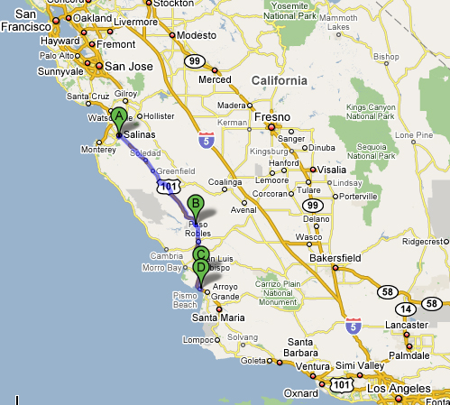 Map of stops along 101 from San Francisco to Los Angeles