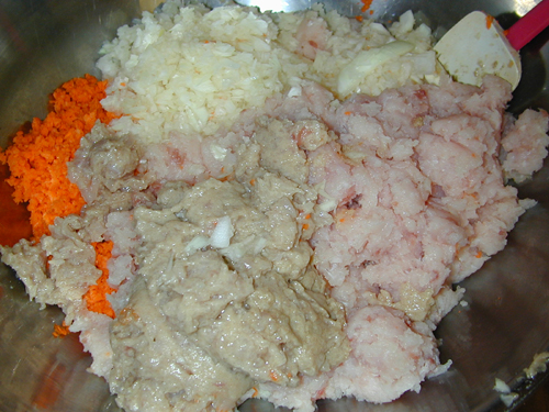 Gefilte fish ingredients ready to mix in bowl