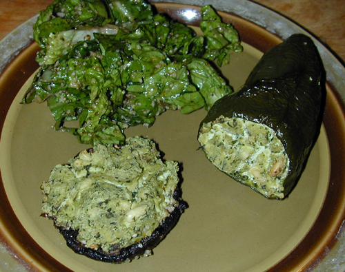 Stuffed pepper and mushroom with a side salad