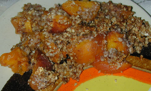Peach cobbler served on a plate