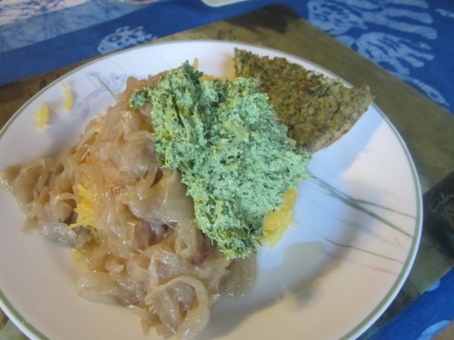 Pesto & onions on spaghetti squash